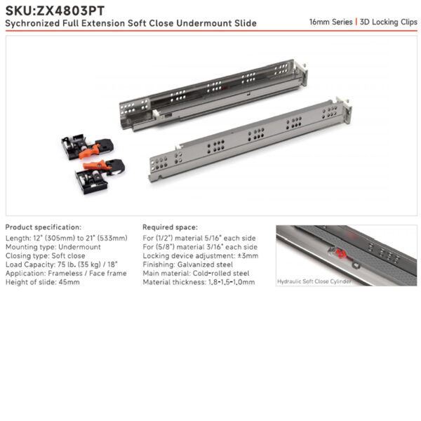 Synchronized Full Extension Soft Close Undermount Slides | 16mm Series | 3D Locking Clips