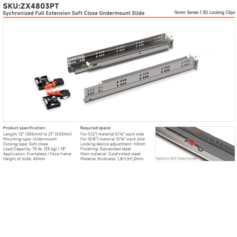 Synchronized Full Extension Soft Close Undermount Slides | 16mm Series | 3D Locking Clips